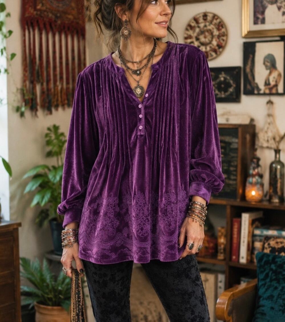Salon Studio Purple Velvet Embroidered Tunic Top whimsigoth boho fairy artsy M